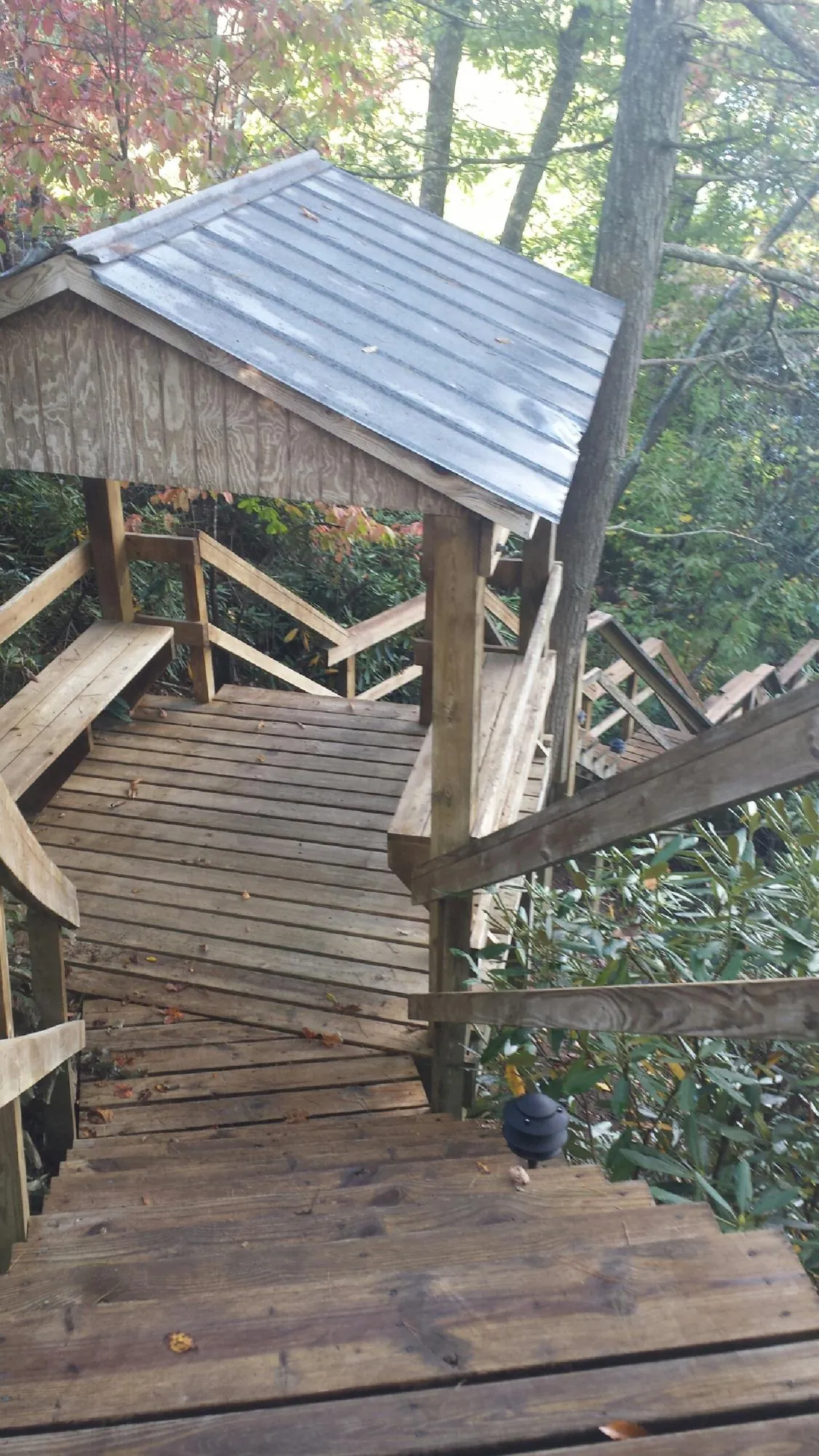 Metal roofed shelter over wooden steps on a wooded walkway — Skylight Repair & Installation work by our crew in Fairhope